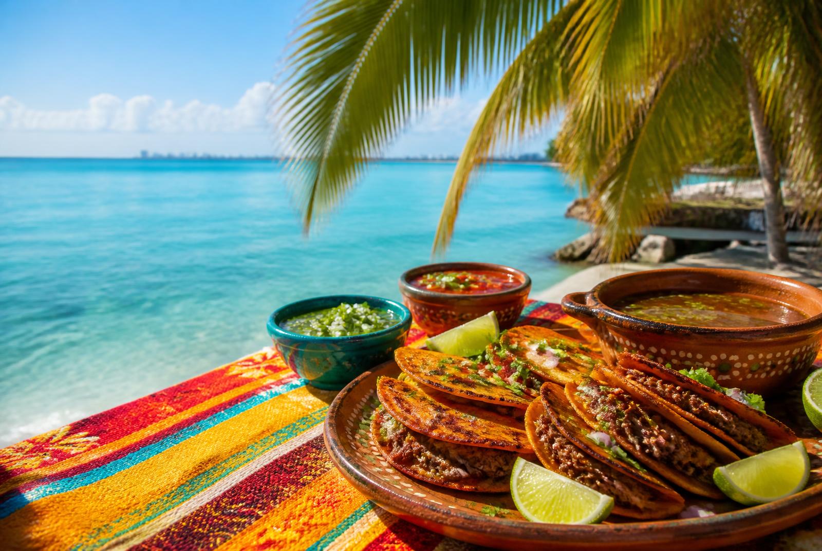Birria tacos beside turquoise water and palm trees representing Zacosayu Tacos coming to South Florida